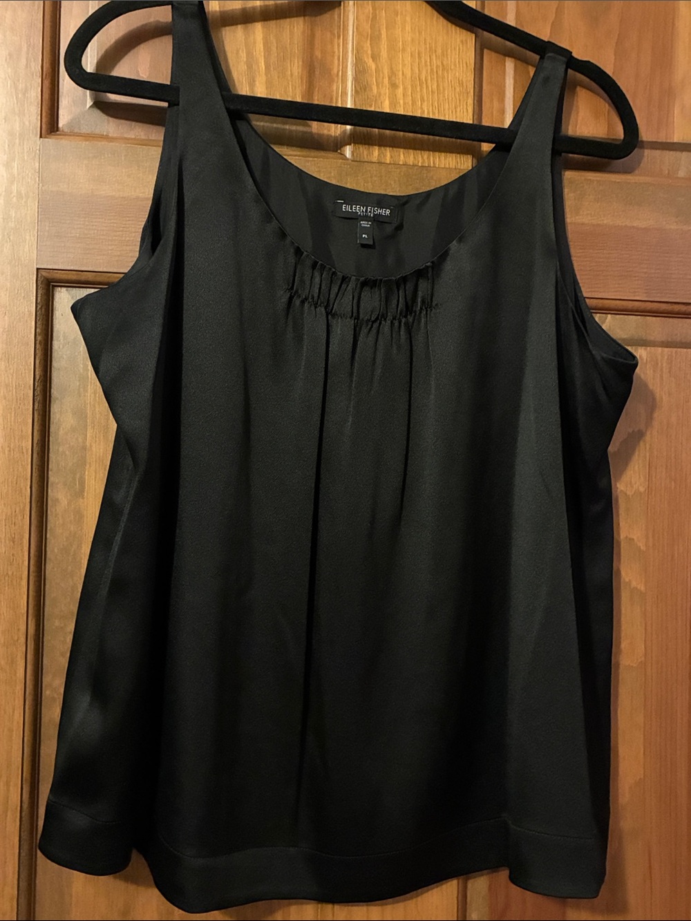 Eileen Fisher Black Silk Gathered Scoop Neck Camisole - lined